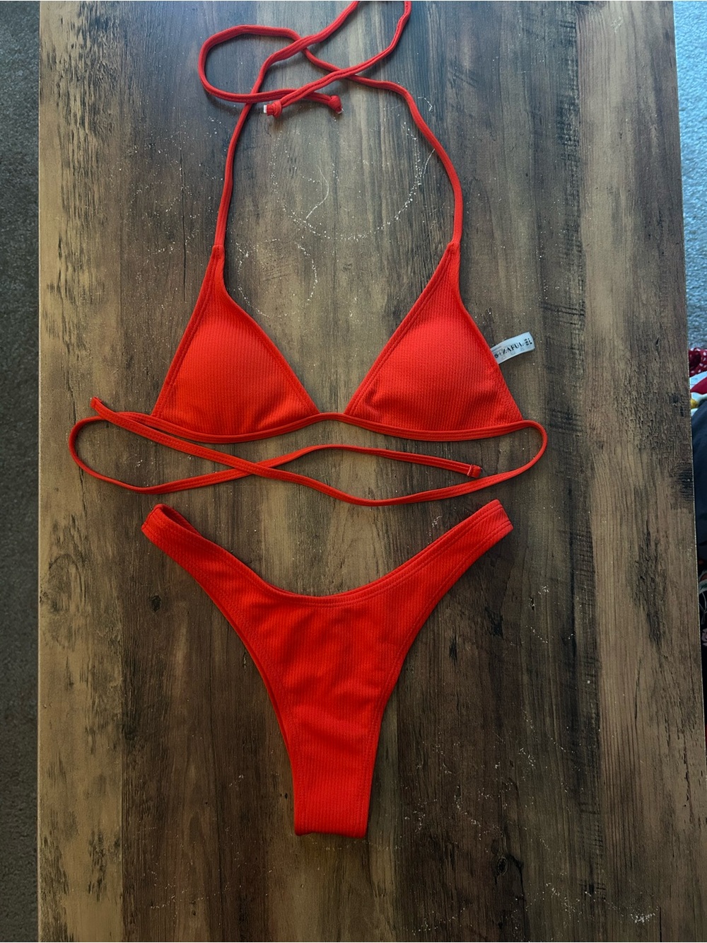 Zaful Red Ribbed Triangle Bikini Set